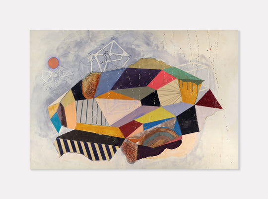 The artwork 'From a Distance' by Karen Nielsen-Fried features an abstract geometric composition with angular shapes in vibrant colors including coral, navy, yellow, and burgundy. The mixed-media piece combines encaustic and oil techniques on wood, creating textural elements with striped patterns and organic curves against a misty gray background, 24x36 inches by Karen Nielsen-Fried.