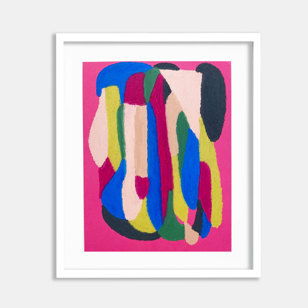 The artwork 'Fuchsia' by Alicia Little features bold abstract shapes in vibrant colors against a hot pink background. Fluid, elongated forms in electric blue, lime green, dark teal, and cream create a dynamic vertical composition. The oil pastel and gouache technique creates rich textures and smooth color transitions, showcasing a contemporary abstract expressionist style. By Alicia Little.