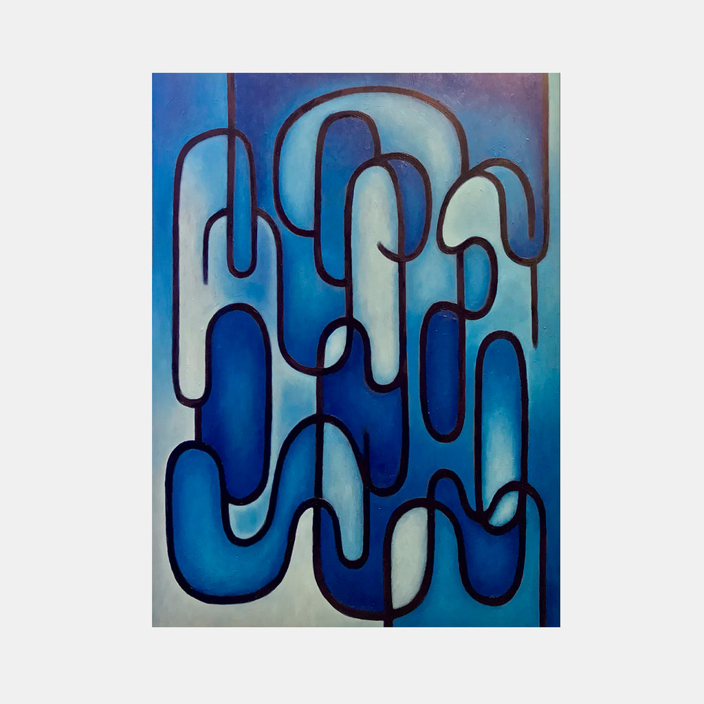 The artwork 'Fueled By The Highs and Lows' by Joe Piscopia features interlocking abstract shapes in varying shades of blue, creating a fluid, wave-like pattern. Bold black outlines separate the curved forms, giving depth and movement to the oil painting. The composition transitions from deep navy to light turquoise against a soft gradient background.