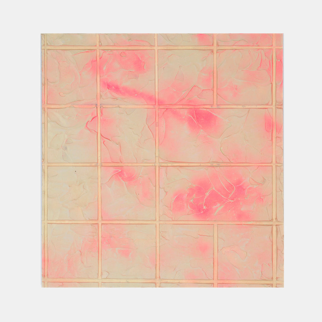 The artwork 'Full Stop' by Troy Medinis features a grid-like composition with sixteen equal squares divided by subtle raised lines. Soft beige background blends with ethereal pink spray paint patterns creating a dreamy, abstract texture. Molding paste adds dimensional elements, while acrylic details enhance the minimalist yet dynamic composition. by Troy Medinis