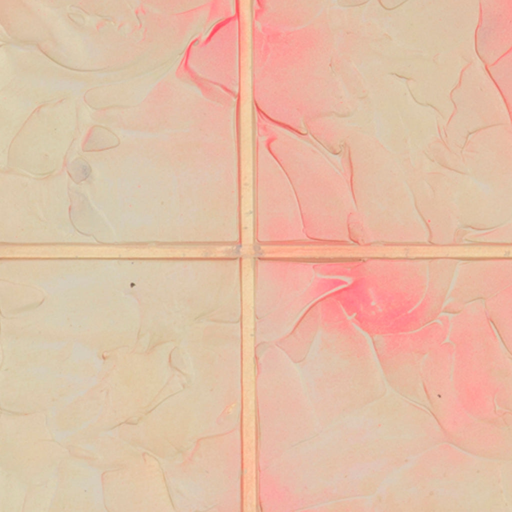 The artwork 'Full Stop' by Troy Medinis features a minimalist composition with intersecting beige lines forming a cross, dividing the panel into quadrants. The textured surface, created with molding paste, displays subtle pink and cream tones with a watercolor-like flow. Abstract organic patterns emerge from the interplay of acrylic and spray paint techniques.