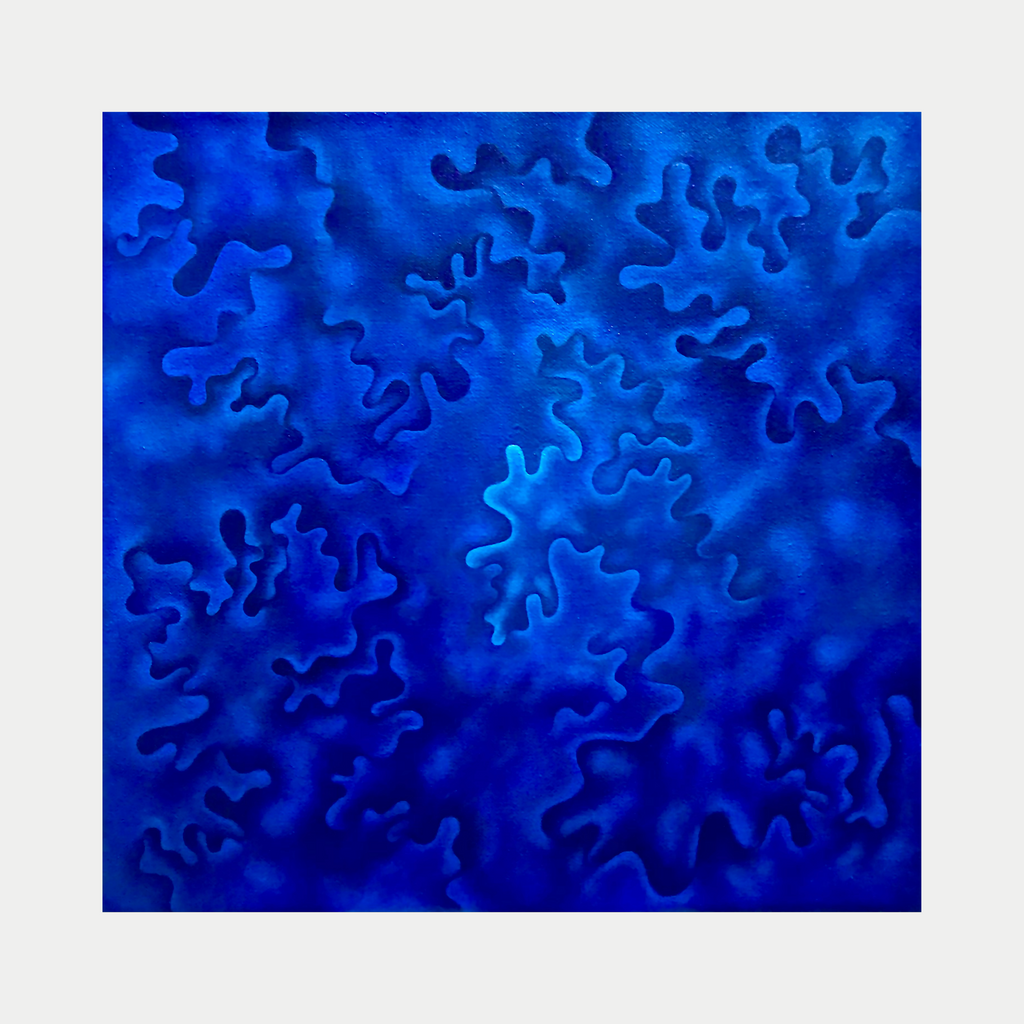 The artwork 'Fury of the Seasons' by Joe Piscopia features an abstract composition of organic, puzzle-like shapes in vibrant electric blue tones. The oil painting showcases fluid, curving forms that float and interweave across the canvas, creating a dynamic pattern with varying depths of cobalt and azure hues. The 12x12 inch canvas displays a mesmerizing interplay of light and shadow within the blue spectrum.