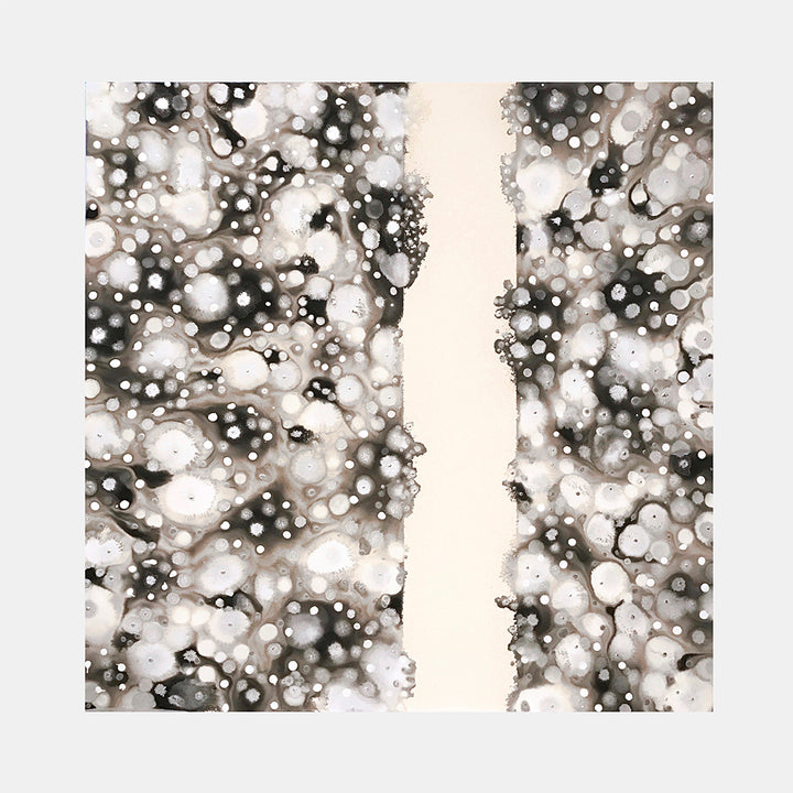 The artwork 'GM or Em' by Eric Jiaju Lee features a monochromatic abstract composition with a vertical white divide splitting two fields of intricate black and gray dotted patterns. The organic circular forms create a dynamic bokeh-like effect, resembling scattered light or cellular structures, painted in acrylic on a 60x60 inch canvas - by Eric Jiaju Lee