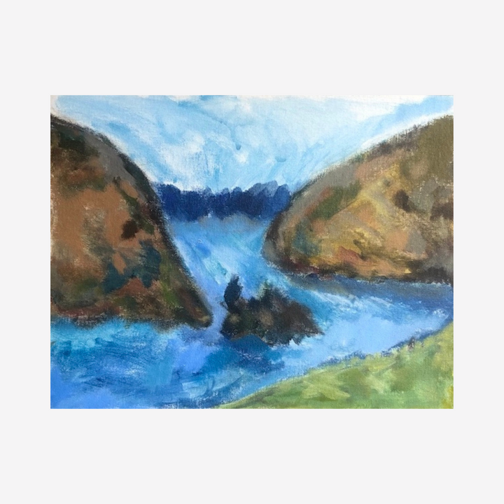 The artwork 'Galapagos' by Beth Barry depicts a dramatic coastal landscape with rugged brown cliffs embracing deep blue waters. Painted in expressive acrylic strokes, the composition features verdant green slopes, rocky outcrops, and a vibrant turquoise ocean meeting a bright blue sky. The 11x14 inch panel captures the raw natural beauty and geological majesty of the Galapagos shoreline by Beth Barry.