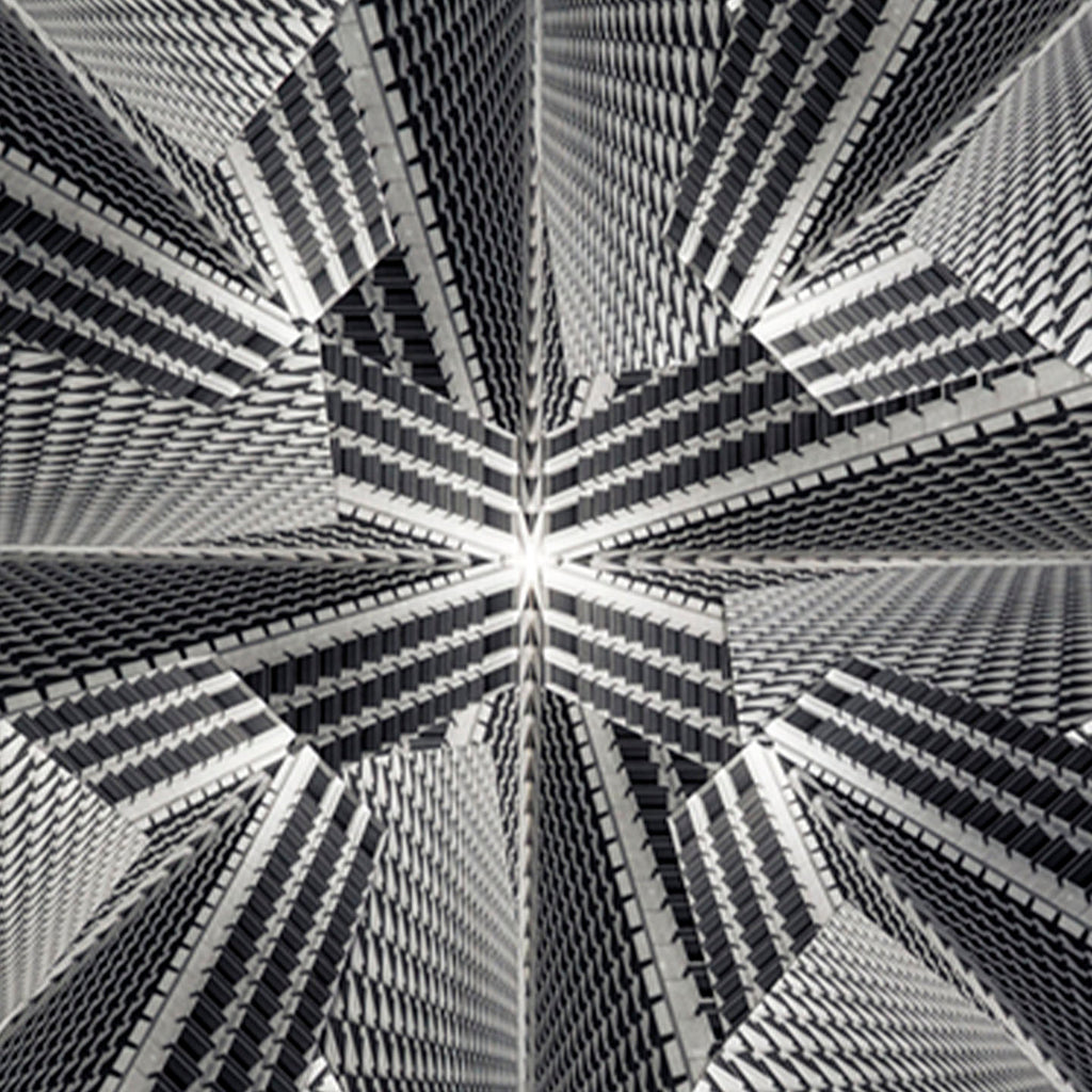 The artwork 'Galaxies' by Adrienne Moumin features a mesmerizing black and white geometric collage created from architectural photographs. The composition forms a kaleidoscopic pattern radiating from a central point, with repeating angular shapes and strong diagonal lines. The gelatin silver prints create dramatic contrasts and textural depth, capturing the urban geometry of FDR Station in NYC. By Adrienne Moumin.