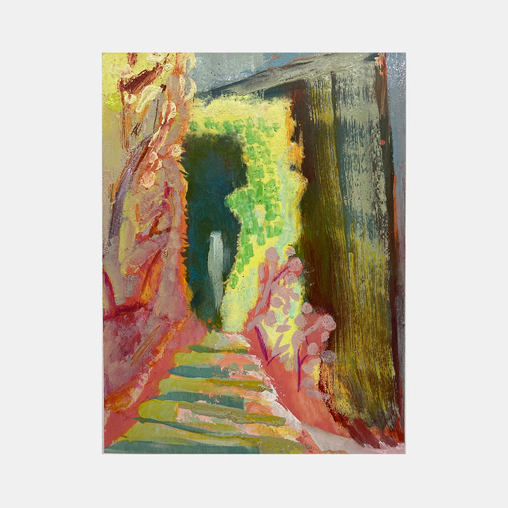 The artwork 'Garden Passage' by Molly Herman depicts a vibrant abstract pathway leading through a luminous archway. Coral pink rock formations frame a glowing chartreuse-yellow portal, with deep teal shadows creating depth. Textured brushstrokes in oil and water-based pigments on birch capture a dreamlike garden walkway, featuring stepped elements in sage green tones. by Molly Herman