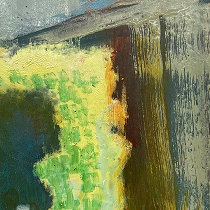 The artwork 'Garden Passage' by Molly Herman features bold vertical brushstrokes with vibrant chartreuse green meeting deep teal, separated by a dramatic golden streak. Abstract expressionist style on birch panel showcases textural oil and water-based pigments, creating a dynamic interplay of light and shadow with dripping techniques and layered colors.