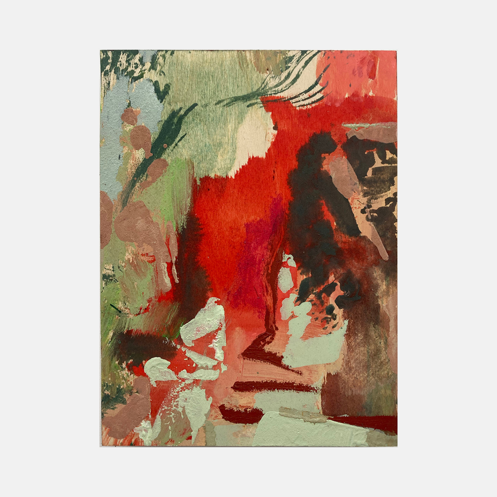 The artwork 'Garden Shadow' by Molly Herman features bold abstract brushstrokes with vibrant red tones contrasting against sage green hues. Mixed media painting on birch showcases dynamic movement through expressive watercolor-like effects and oil paint techniques, creating a dramatic interplay of light and shadow with organic flowing forms.