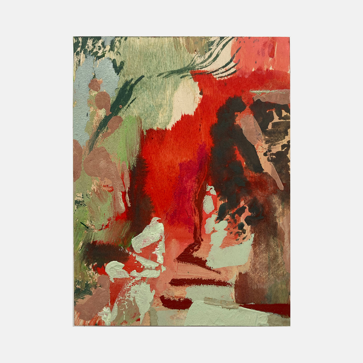 The artwork 'Garden Shadow' by Molly Herman features bold abstract brushstrokes with vibrant red tones contrasting against sage green hues. Mixed media painting on birch showcases dynamic movement through expressive watercolor-like effects and oil paint techniques, creating a dramatic interplay of light and shadow with organic flowing forms.