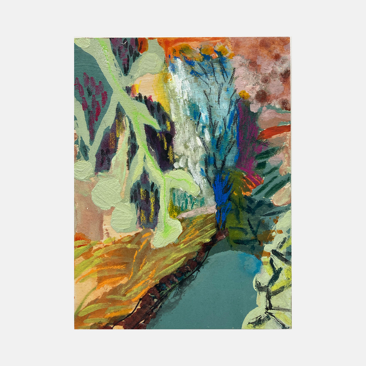 The artwork 'Garden Way' by Molly Herman features vibrant abstract botanical forms with mint green foliage and turquoise water elements. Expressive brushstrokes in orange, blue, and earthy tones create dynamic movement across the birch surface, while textural oil and water-based pigments add depth to this 12x9 inch contemporary landscape composition.