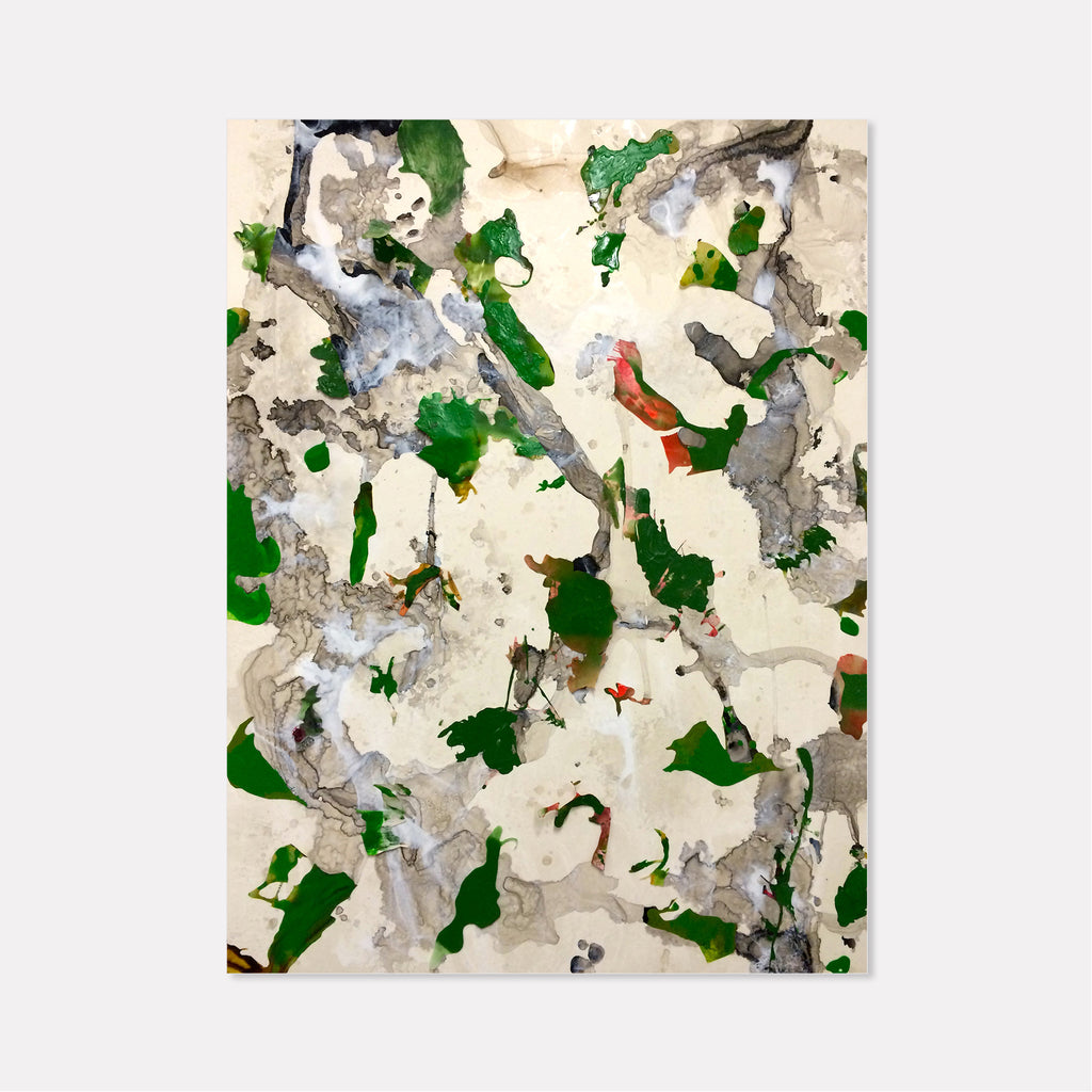 The artwork 'Garden of Cosmic Speculation' by Linda Lee Nicholas features an abstract composition of swirling emerald green forms scattered across a cream-colored background, with fluid gray marble-like textures creating dynamic movement. The acrylic on clayboard painting combines organic shapes with gestural brushstrokes in a contemporary abstract style.