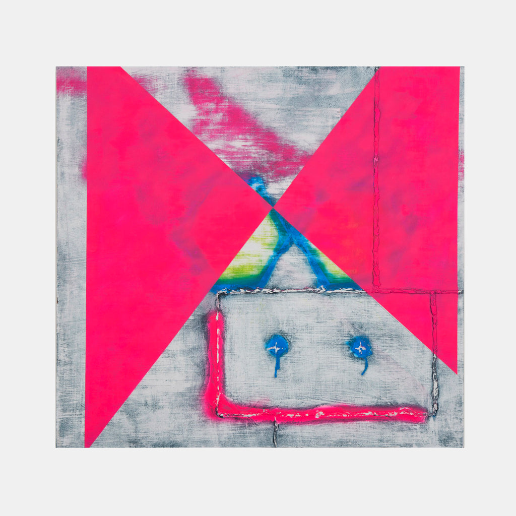 The artwork 'Gate Valve' by Troy Medinis features bold geometric shapes with vibrant hot pink triangles against a weathered gray background. Abstract blue accents and textural elements created with molding paste add dimensional depth. The contemporary piece combines sharp angular forms with expressive brushwork in acrylic and spray paint on panel.