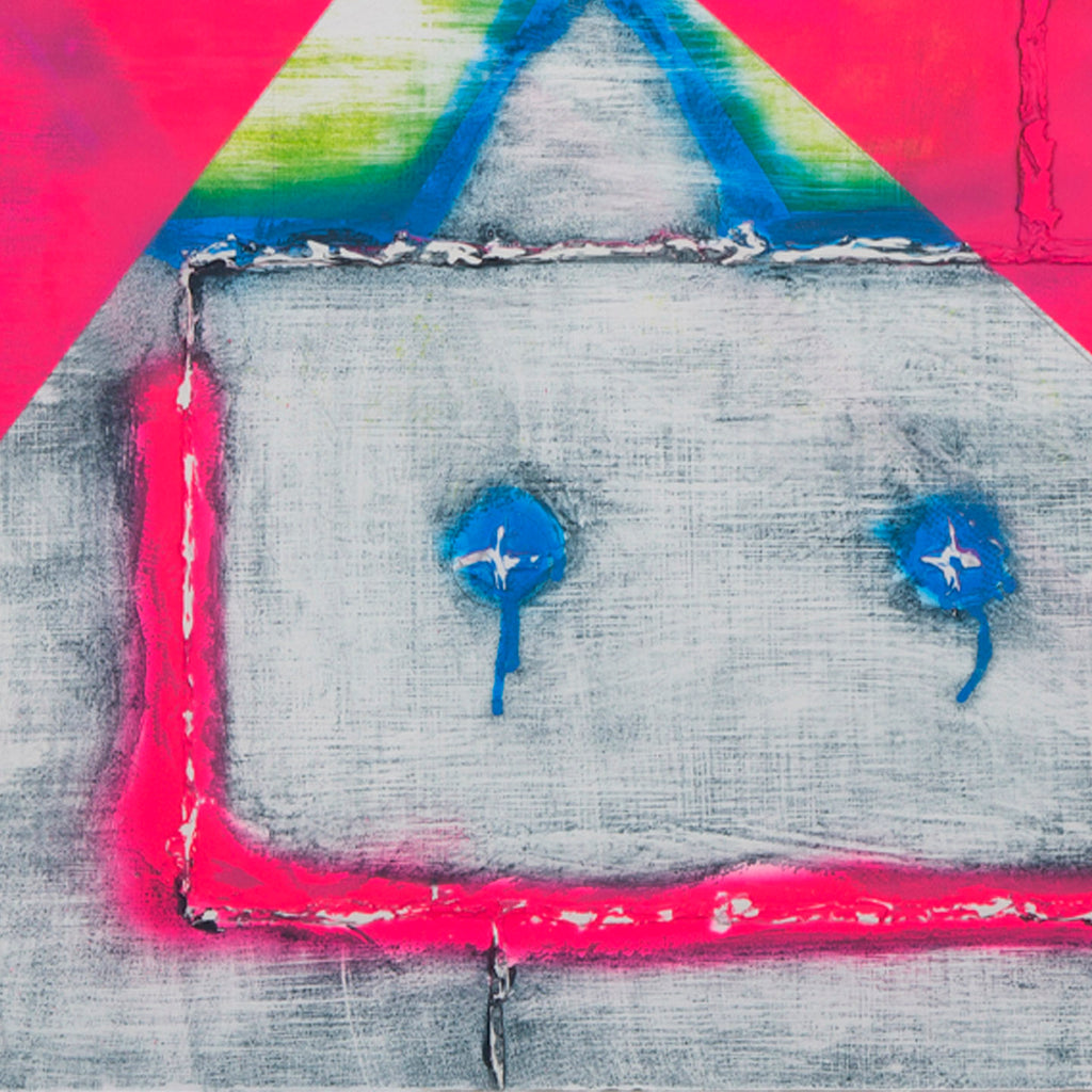 The artwork 'Gate Valve' by Troy Medinis features an abstract geometric composition with vibrant neon pink borders contrasting against a textured gray background. Two bright blue circular shapes resembling stars or flowers appear as eyes, creating a minimalist face-like structure. Created with acrylic and spray paint, the piece showcases bold color blocking and rough textures achieved through molding paste on panel.