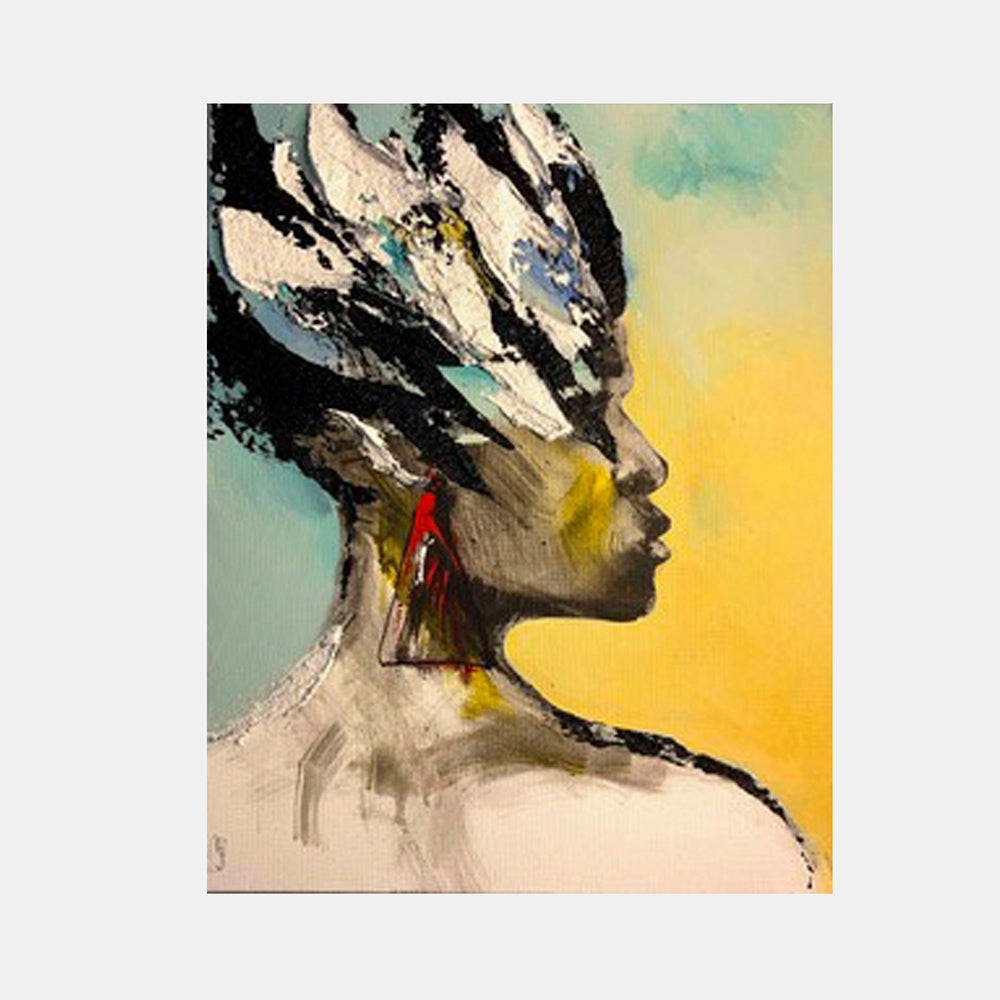 The artwork 'Gazes' by Esteban Jimenez Guerra features a profile silhouette against a vibrant yellow and turquoise background. Abstract textural elements in black and white create dynamic movement in the hair-like formation. Red accent details complement the earthy tones. Created with acrylic and sand on canvas, the piece showcases expressive brushwork and mixed media techniques.