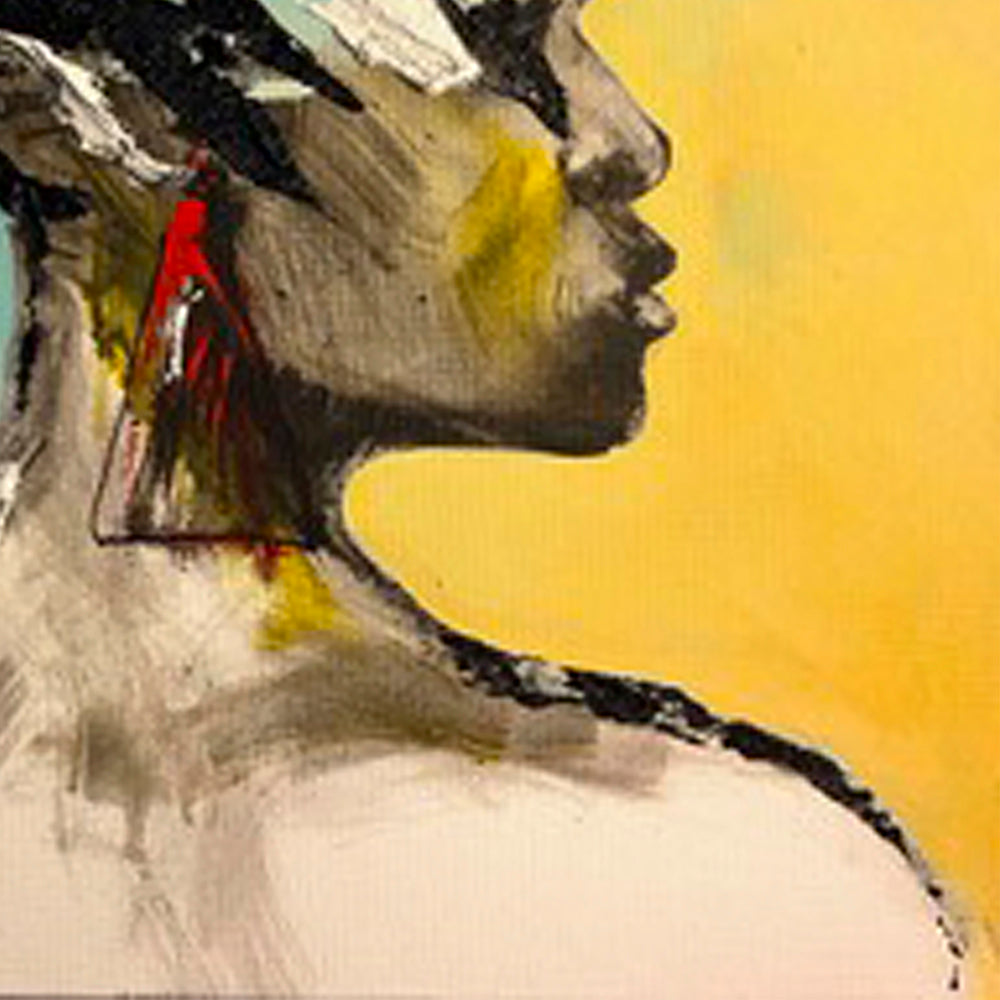 The artwork 'Gazes' by Esteban Jimenez Guerra features an abstract silhouette against a vibrant yellow background. Created with acrylic and sand on canvas, the piece showcases bold brushstrokes in black, gray, and red tones, with textural elements creating depth and dimension. The 20x16 inch painting combines expressive abstract techniques with mixed media textures.