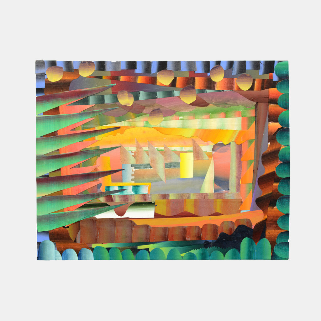 The artwork 'Gentler Journey' by Jack Wood features a dynamic abstract composition of layered geometric shapes and vibrant colors. Diagonal lines in coral and green create depth, while circular forms in blue and orange frame a luminous yellow center. The mixed media piece combines acrylic paint and paper elements on panel, creating a dimensional geometric landscape with an ethereal glow by Jack Wood.