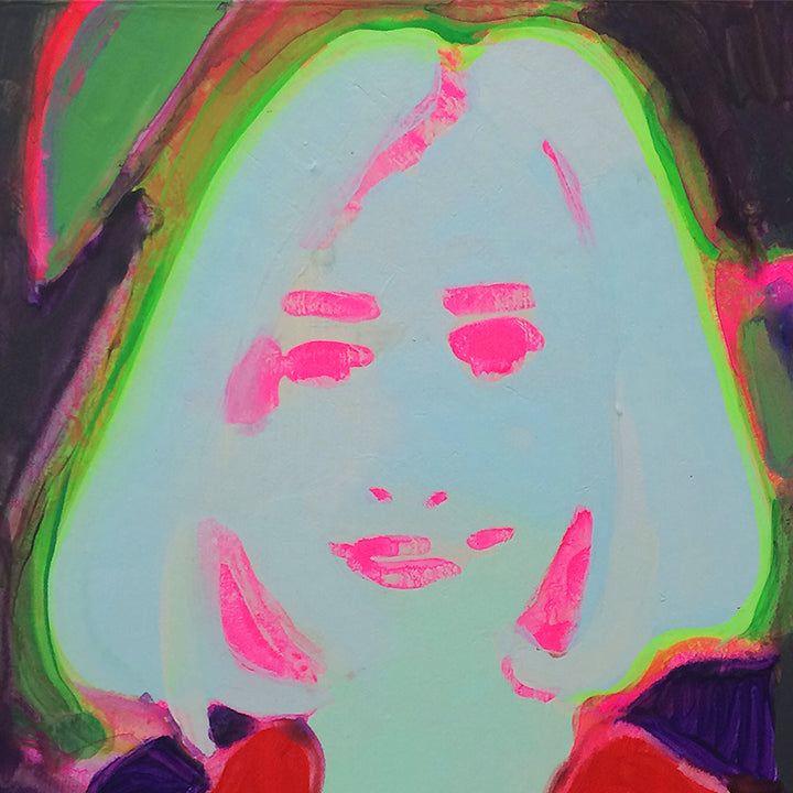 The artwork 'Geocities Portrait (green)' features a vibrant abstract portrait in neon colors, with a pale mint green background surrounded by electric green edges. Hot pink brushstrokes create minimalist facial features against the luminous background. The acrylic painting on hardboard showcases a bold, digital-age aesthetic reminiscent of early internet art by Michelle Selwa.