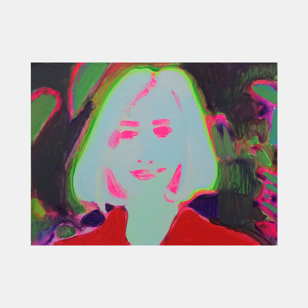 The artwork 'Geocities Portrait (green)' features a vibrant pop art composition with a ghostly mint-green figure against a dark background, outlined in neon pink accents. The portrait showcases bold color blocking with a striking red collar, creating a retro-digital aesthetic reminiscent of early internet art. Acrylic on hardboard by Michelle Selwa.