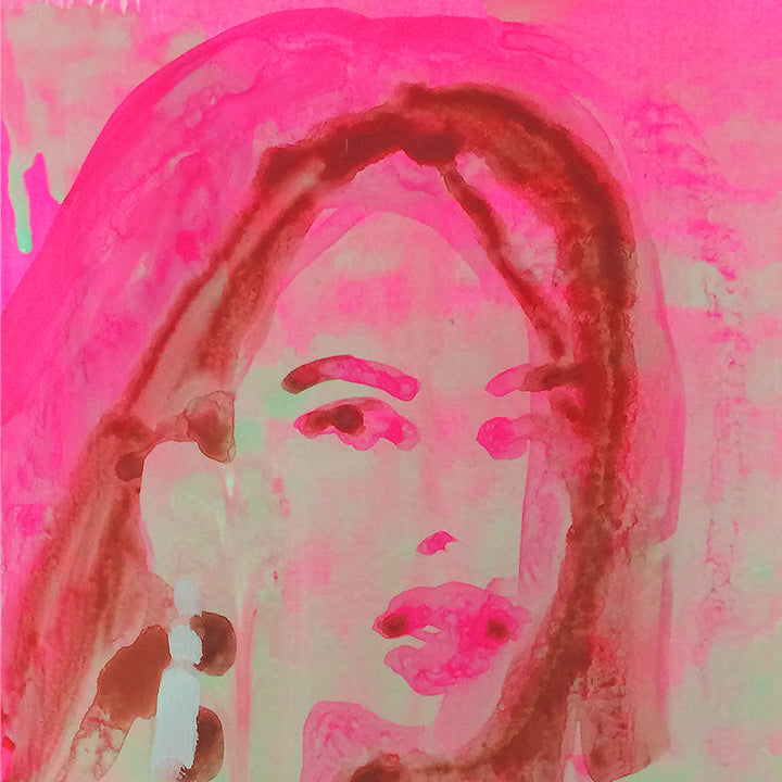 The artwork 'Geocities Portrait (pink)' features a vibrant watercolor-style portrait in bright pink hues against a mint green background. Abstract brushstrokes create a stylized facial silhouette with bold pink lips and expressive eyes, capturing a nostalgic digital aesthetic reminiscent of 90s web design. Acrylic on hardboard panel by Michelle Selwa.