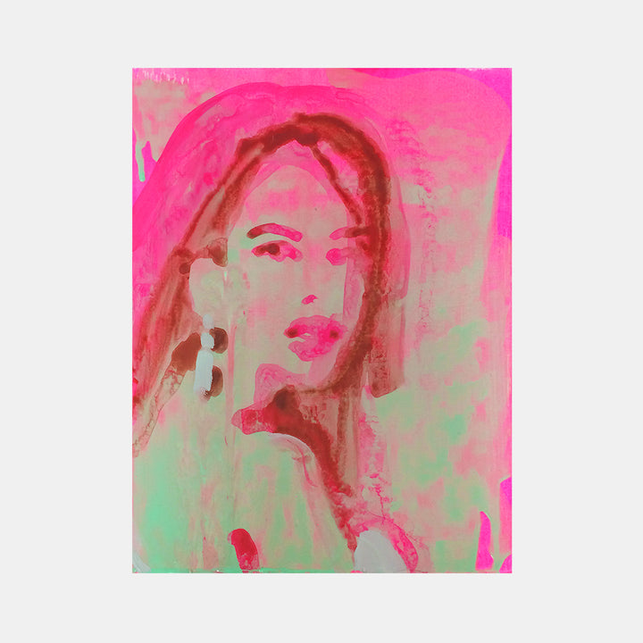 The artwork 'Geocities Portrait (pink)' by Michelle Selwa features a vibrant portrait against a dynamic background, rendered in neon pink and mint green tones. The acrylic painting on hardboard showcases expressive brushstrokes creating an ethereal, digital-age aesthetic reminiscent of early internet art. Bold pink dominates the composition with soft mint undertones, measuring 12x9 inches.