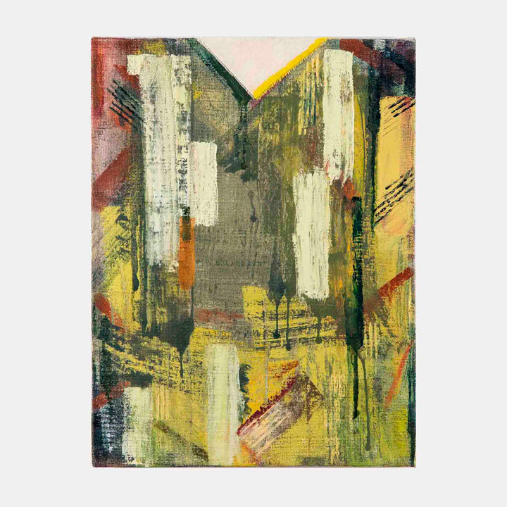 The artwork 'Geomancy' by Molly Herman features bold vertical brushstrokes in an abstract expressionist style. Textured layers of yellow, olive green, and white create architectural forms against a muted background, with touches of rusty red adding depth. Dynamic drips and gestural marks suggest an urban landscape rendered in oil on canvas and linen. By Molly Herman.