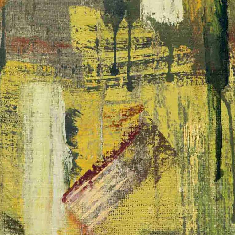 The artwork 'Geomancy' by Molly Herman features bold abstract expressionist strokes with dominant yellow and green hues. Vertical streaks of white and dark green create dynamic movement across textured canvas. Rich burgundy accents and gray undertones add depth, while rough brushwork and layered paint technique enhance the organic, earthy composition. Oil on canvas and linen, 24x18 inches.