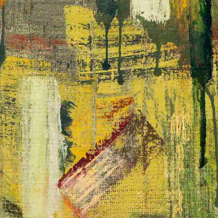 The artwork 'Geomancy' by Molly Herman features bold abstract expressionist strokes with dominant yellow and green hues. Vertical streaks of white and dark green create dynamic movement across textured canvas. Rich burgundy accents and gray undertones add depth, while rough brushwork and layered paint technique enhance the organic, earthy composition. Oil on canvas and linen, 24x18 inches.