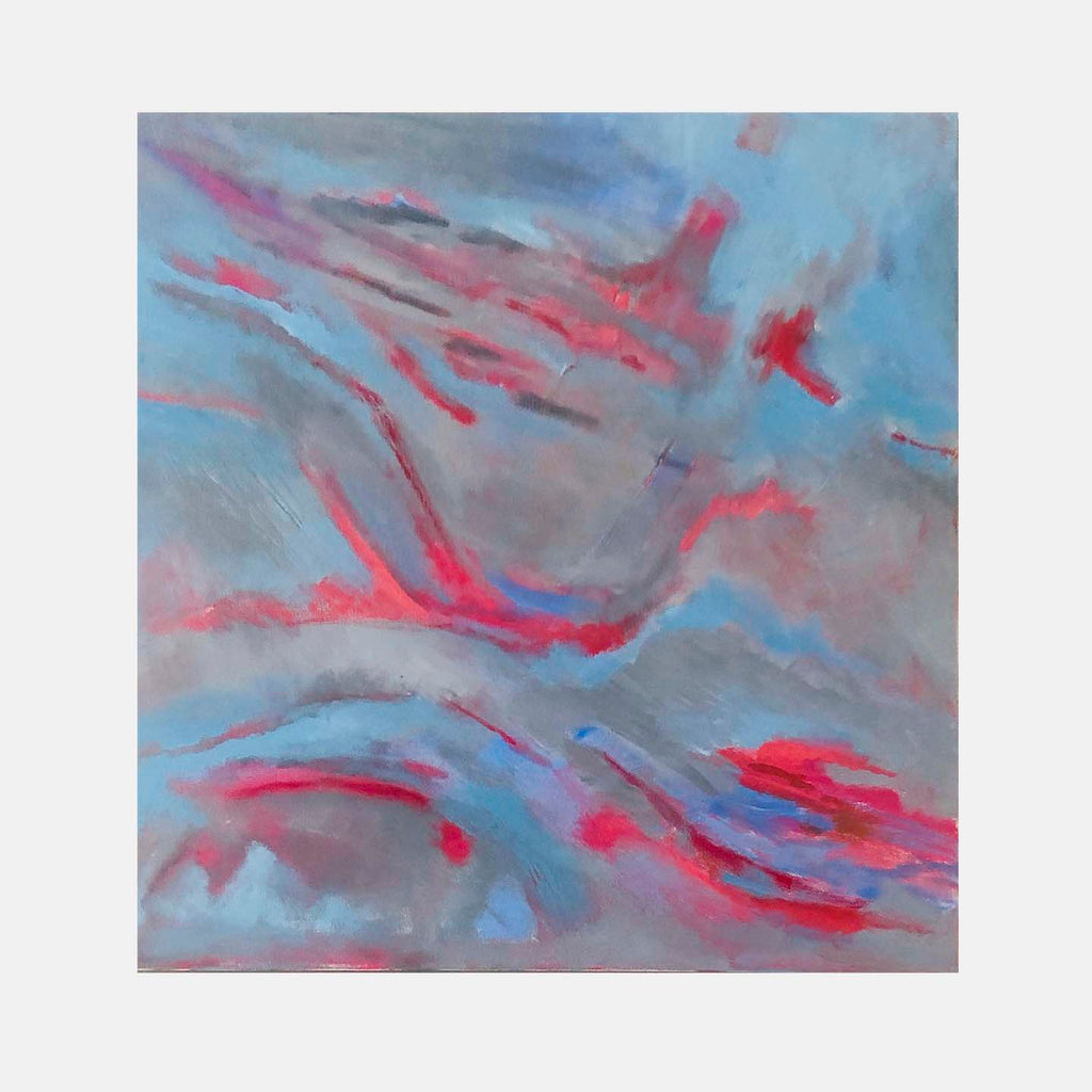 The artwork 'Getting Through' by Beth Barry features dynamic brushstrokes of vibrant coral red flowing through misty gray and turquoise blue spaces, creating an abstract representation of movement and energy. The acrylic painting on canvas combines fluid gestures with atmospheric effects, suggesting a sense of transformation and passage.
