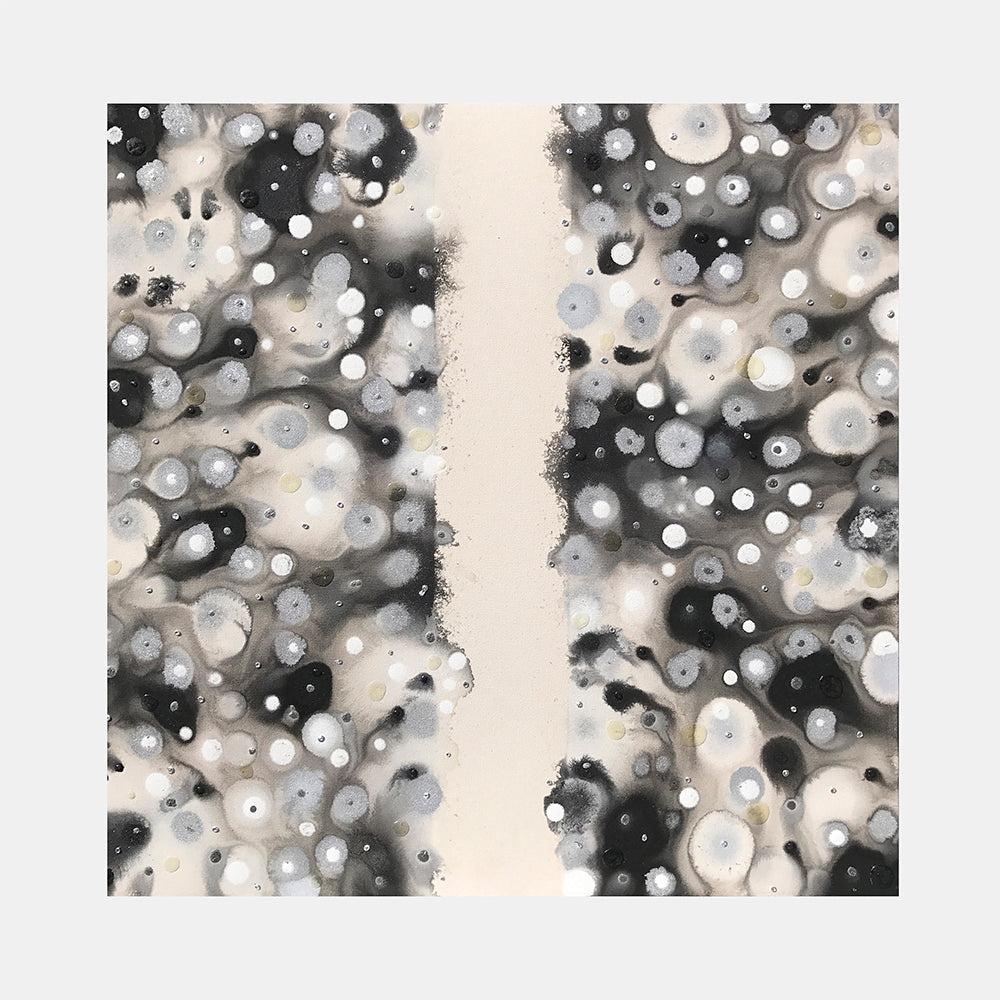 The artwork 'Getting Together' by Eric Jiaju Lee features an abstract composition with a vertical cream-colored divide splitting two mirrored sections of monochromatic cellular patterns. Circular forms in varying shades of black, white, and gray create a dynamic, organic texture reminiscent of microscopic organisms or cosmic formations in acrylic on canvas. By Eric Jiaju Lee.