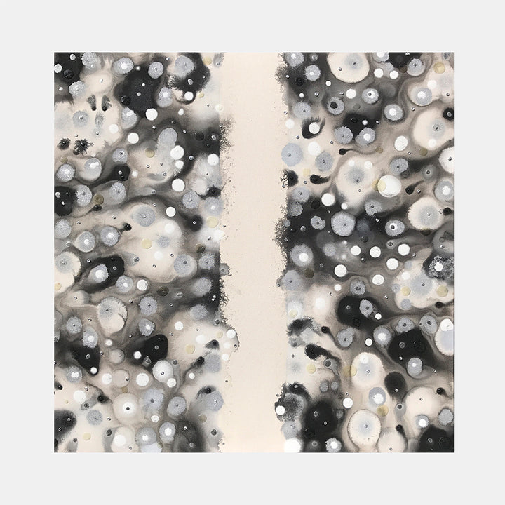 The artwork 'Getting Together' by Eric Jiaju Lee features an abstract composition with a vertical cream-colored divide splitting two mirrored sections of monochromatic cellular patterns. Circular forms in varying shades of black, white, and gray create a dynamic, organic texture reminiscent of microscopic organisms or cosmic formations in acrylic on canvas. By Eric Jiaju Lee.
