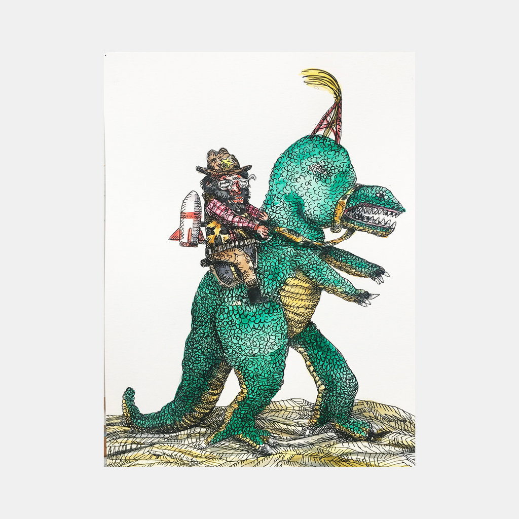 The artwork 'Gigantosaur Rider' by Andrew Chan features a whimsical ink and watercolor illustration of a character in adventure gear riding a vibrant turquoise dinosaur. The detailed piece showcases intricate scale textures, a golden belly pattern, and delicate linework, with the rider equipped with a rocketpack and explorer's hat.