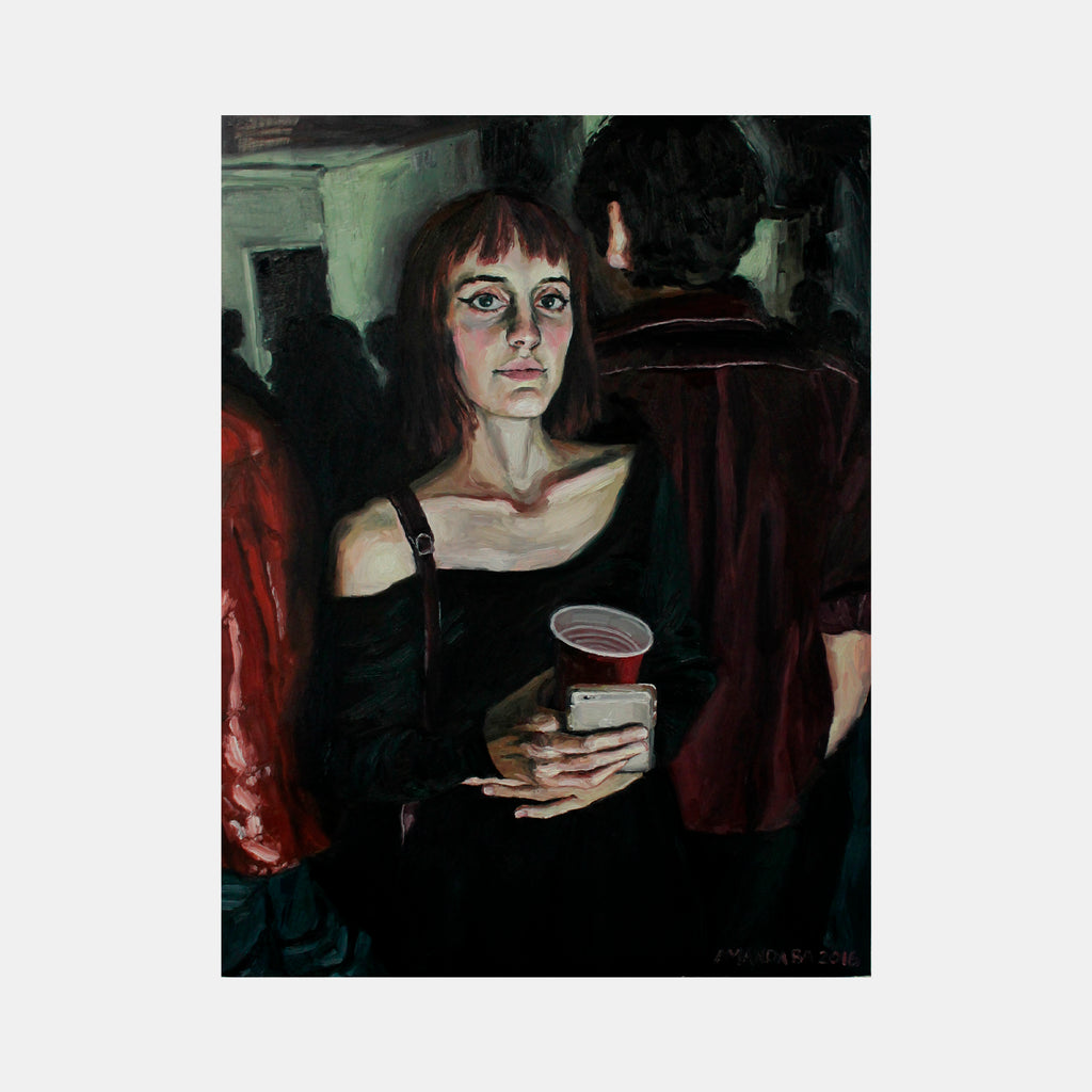 The artwork 'Girl at the Party' by Amanda Ba depicts a figure in a dark setting wearing a black off-shoulder dress, holding a drink in atmospheric lighting. Rich emerald and burgundy tones create depth, while expressive brushstrokes in oil capture the moody ambiance of a dimly lit social gathering. 40x30 inches oil painting by Amanda Ba.