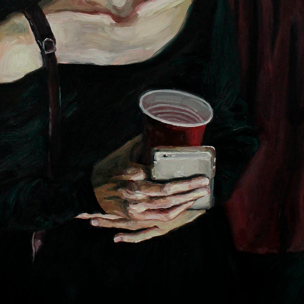 The artwork 'Girl at the Party' by Amanda Ba depicts hands holding a red plastic cup and smartphone against a dark background, painted in expressive oil strokes. The composition creates dramatic contrast between light flesh tones and deep emerald shadows, capturing a contemporary party moment with painterly realism on canvas.