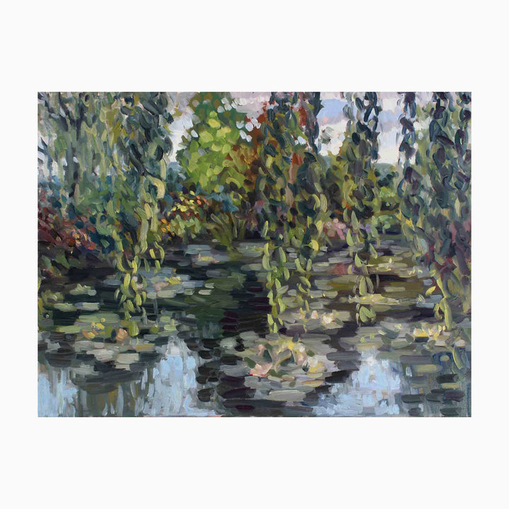 Giverny Lily Pond by Elody Gyekis depicts a serene impressionist water garden scene with floating lily pads on dark reflective water, surrounded by drooping willow branches and lush greenery. Oil painting captures dappled sunlight and reflections in an impressionistic style with vibrant greens and deep blues in bold brushstrokes.