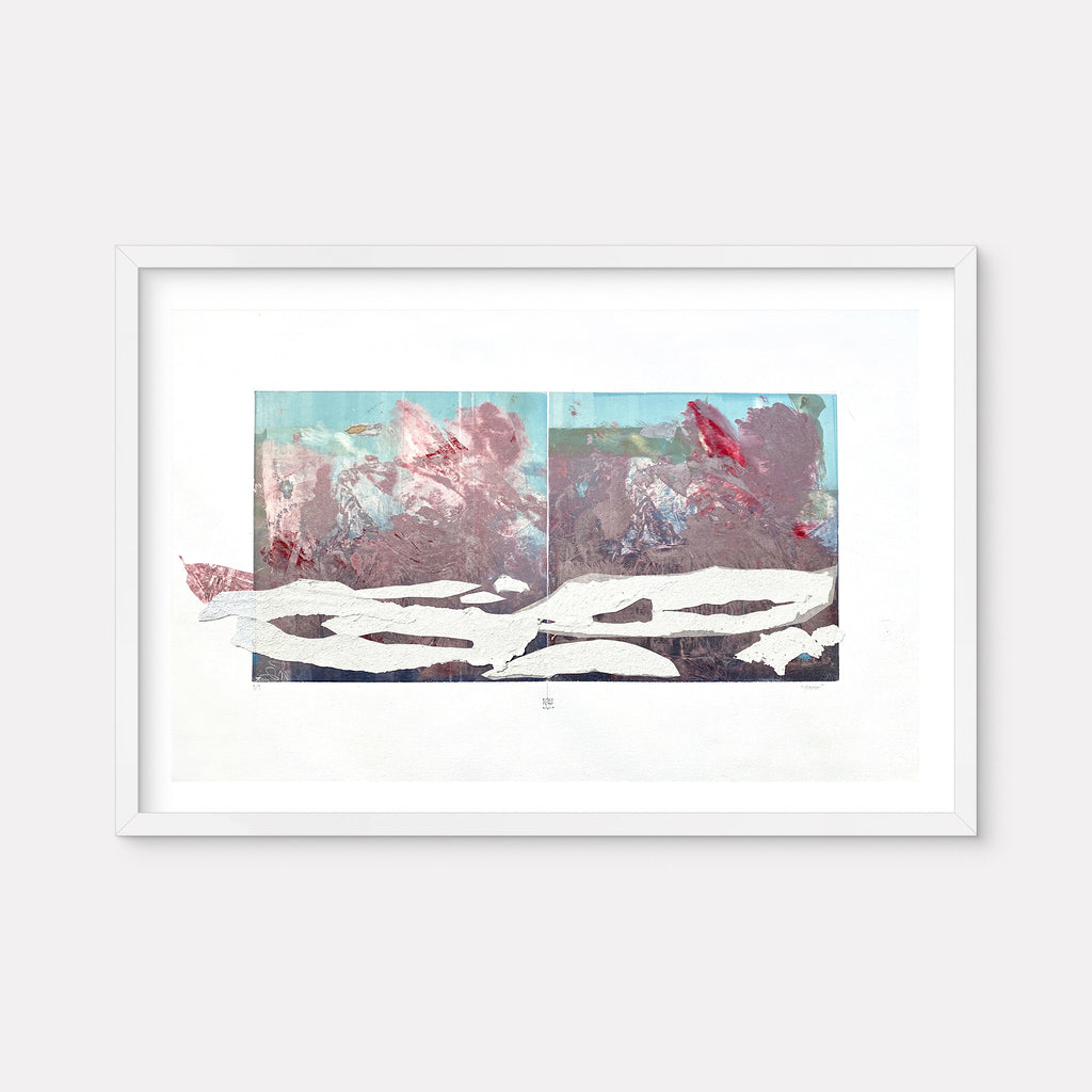 The artwork 'Glacier' by Karin Bruckner features an abstract landscape with sweeping white forms suggesting snow and ice against a background of muted mauve and turquoise. The monotype print combines textural elements and layered paint, creating a dramatic interpretation of a glacial landscape through mixed media techniques.