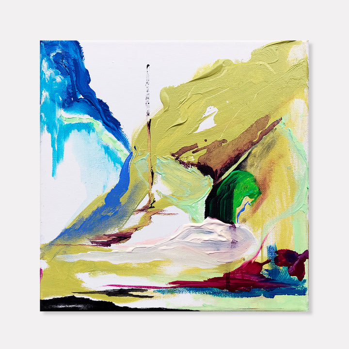 The artwork 'Glade' by W Lu features dynamic abstract landscape elements with bold brushstrokes in vibrant chartreuse, azure blue, and emerald green. Sweeping acrylic textures create a mountainous terrain against a white background, with deep burgundy accents grounding the composition. The 10x10 inch canvas showcases expressive gestural painting with layered colors suggesting a natural vista.