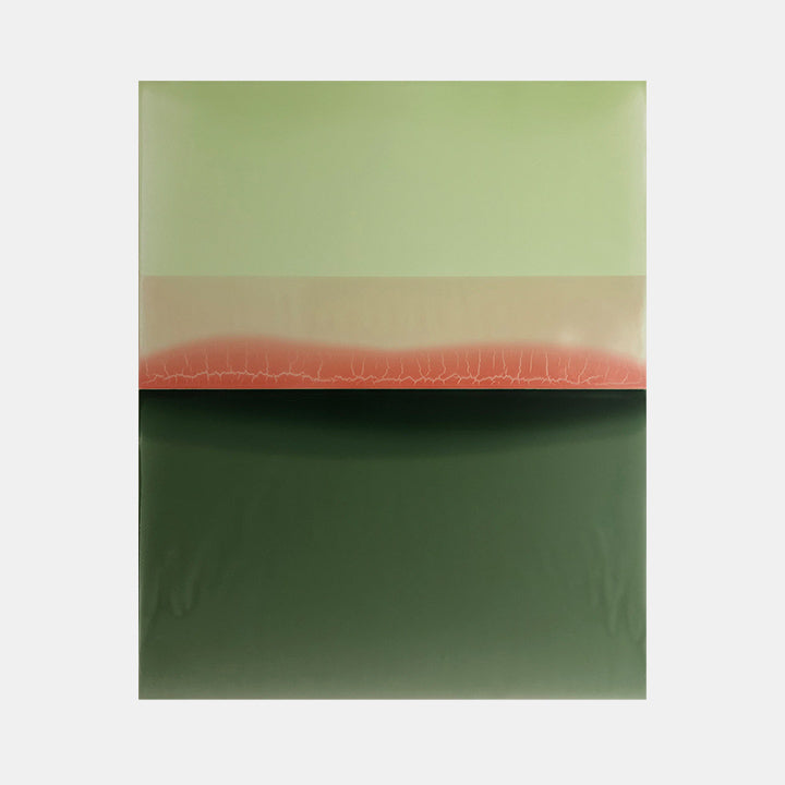 The artwork 'Glance' by Susan English features horizontal color blocks in a minimalist style. A soft sage green occupies the top third, transitioning to a delicate coral pink stripe in the middle, anchored by a deep forest green base. Created with tinted polymer on aluminum, the 48x38 inch piece showcases subtle color gradients and smooth textural transitions.