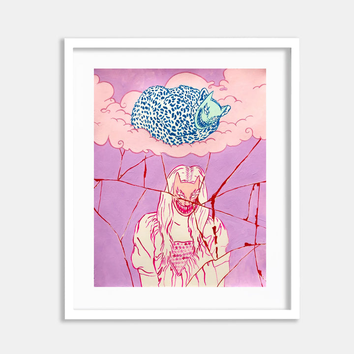 The artwork 'Glass Breaks like People Do' by Eriko Hattori features a dreamy composition with a large blue spotted cat floating on pink clouds against a lavender sky, positioned above a figure surrounded by angular red lines suggesting broken glass. The gouache painting employs a soft pastel palette with bold linear elements in a contemporary illustrative style.