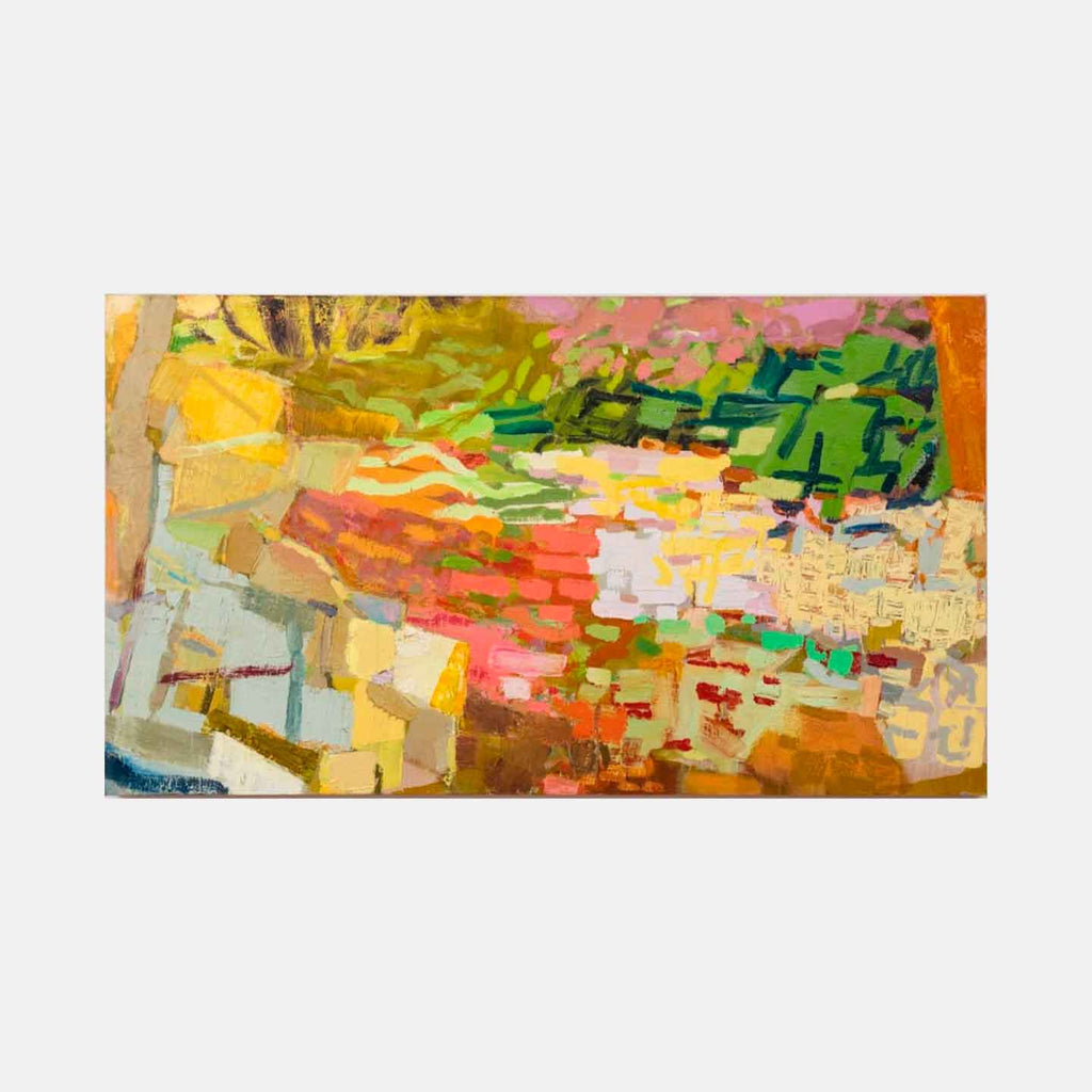 The artwork 'Glen' by Molly Herman features vibrant abstract expressionist brushstrokes in oil paint, showcasing a dynamic composition of mosaic-like squares and rectangles. The palette transitions from earthy yellows and oranges to soft pinks and bold greens, creating a landscape-inspired scene with layered geometric forms and textural impasto technique.