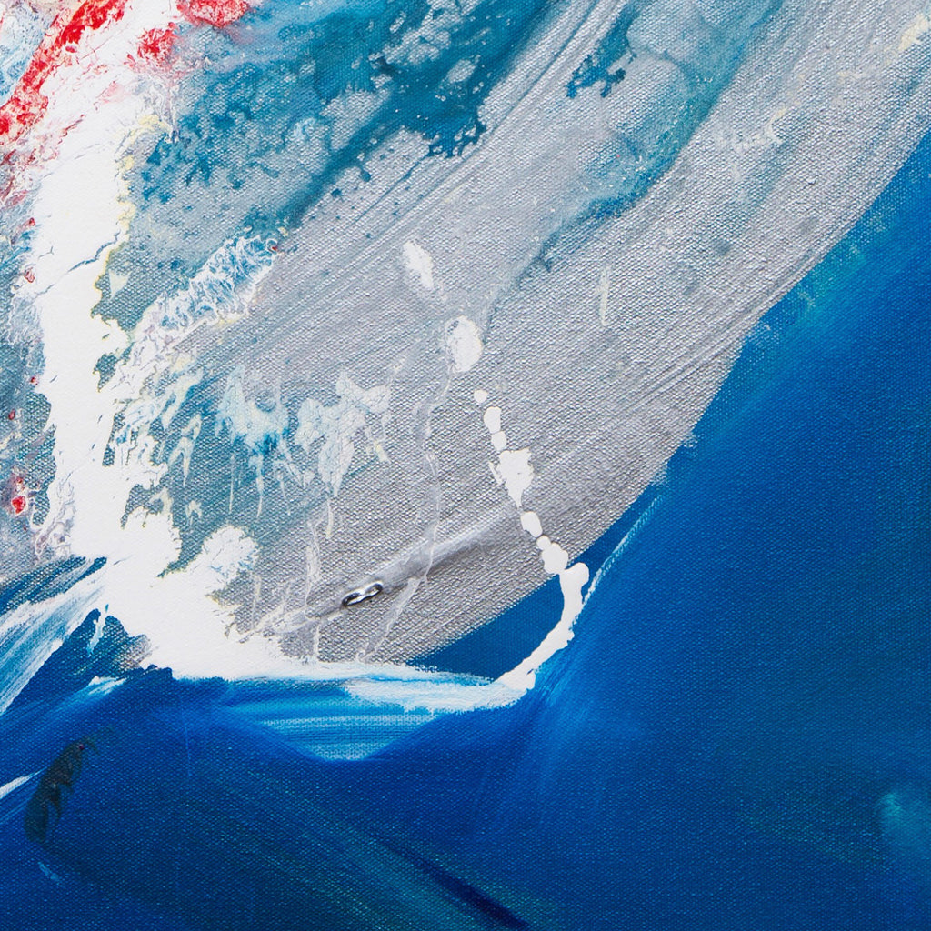 The artwork 'Global Warning' features dynamic brushstrokes of deep ocean blues contrasting with silvery white and subtle red accents, creating an abstract representation of melting glaciers or polar ice. The composition shows fluid movement with dramatic sweeping strokes across the canvas, embodying environmental themes through acrylic paint textures. By Cavier Coleman.
