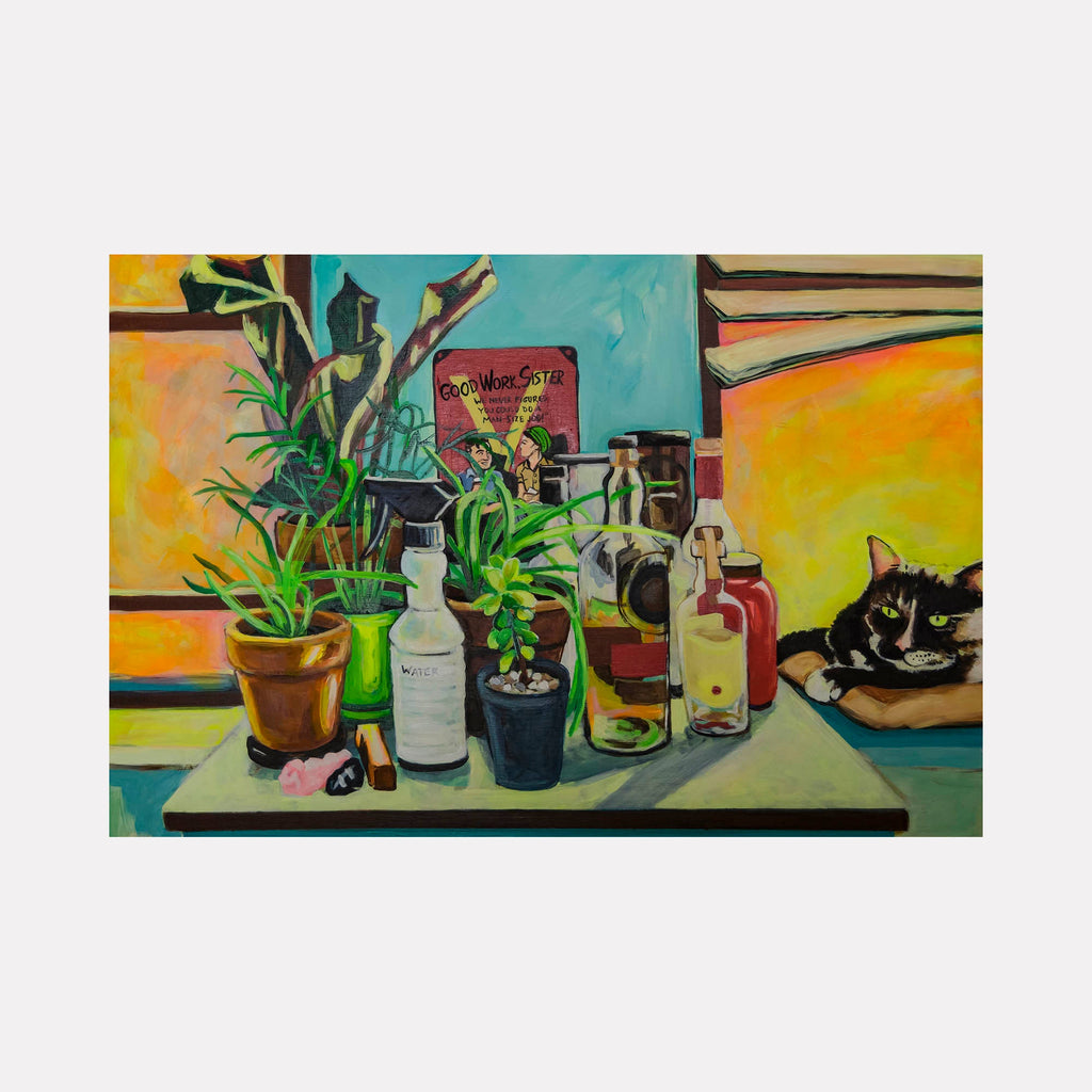 The artwork 'Good Work, Sister' by Mary Younkin depicts a vibrant still life featuring potted houseplants, glass bottles, and a black and white cat resting against a warm yellow background. The scene combines bold turquoise and orange tones with detailed botanical elements in bright greens. The acrylic painting on wood panel showcases various succulents and indoor plants in terracotta pots alongside translucent glass vessels.