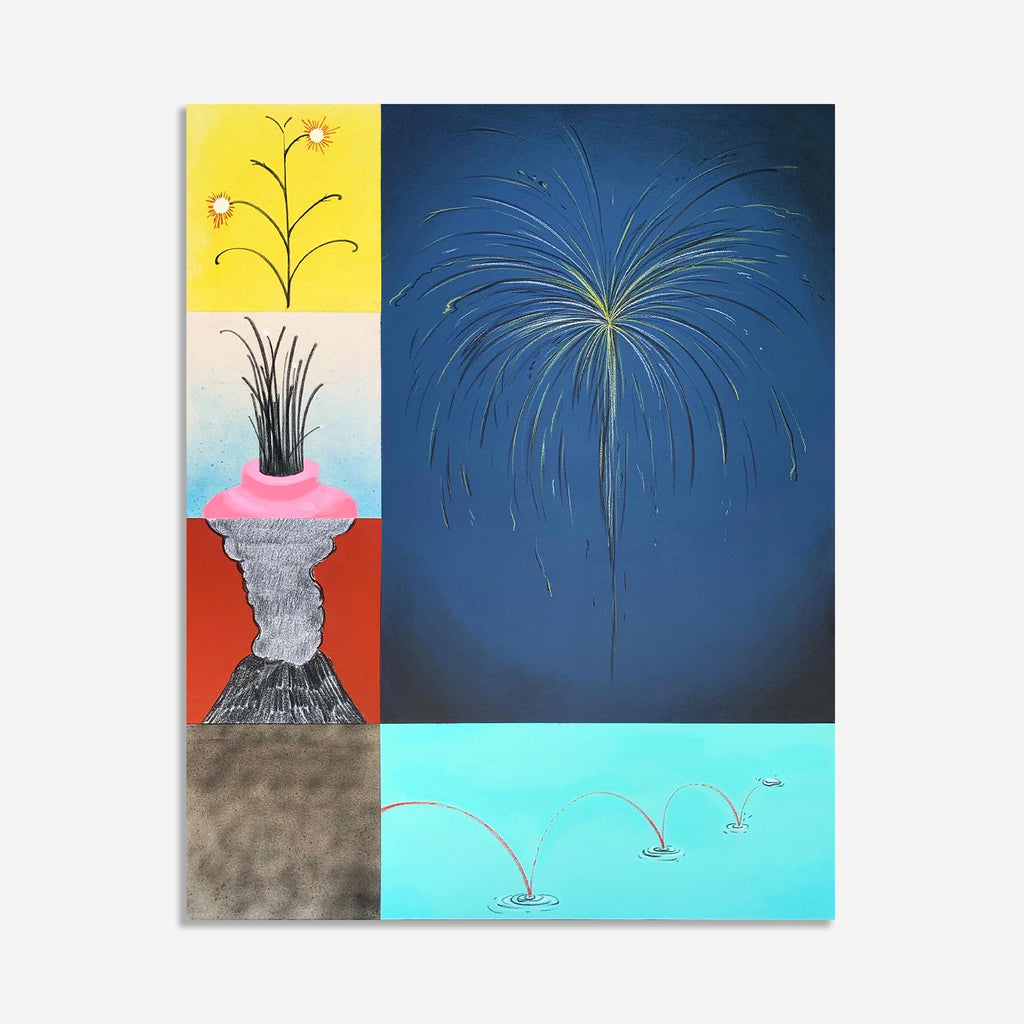 The artwork 'Good for the world, bad for business' by Evan Peltzman features a striking mixed-media composition with contrasting color blocks. A yellow panel shows delicate flowers, while a deep blue section displays an explosive palm-like form. A central panel depicts a volcanic structure in red and grey, with aqua waters below showing arcing forms. Created with ink, acrylic, pastel and charcoal on canvas.