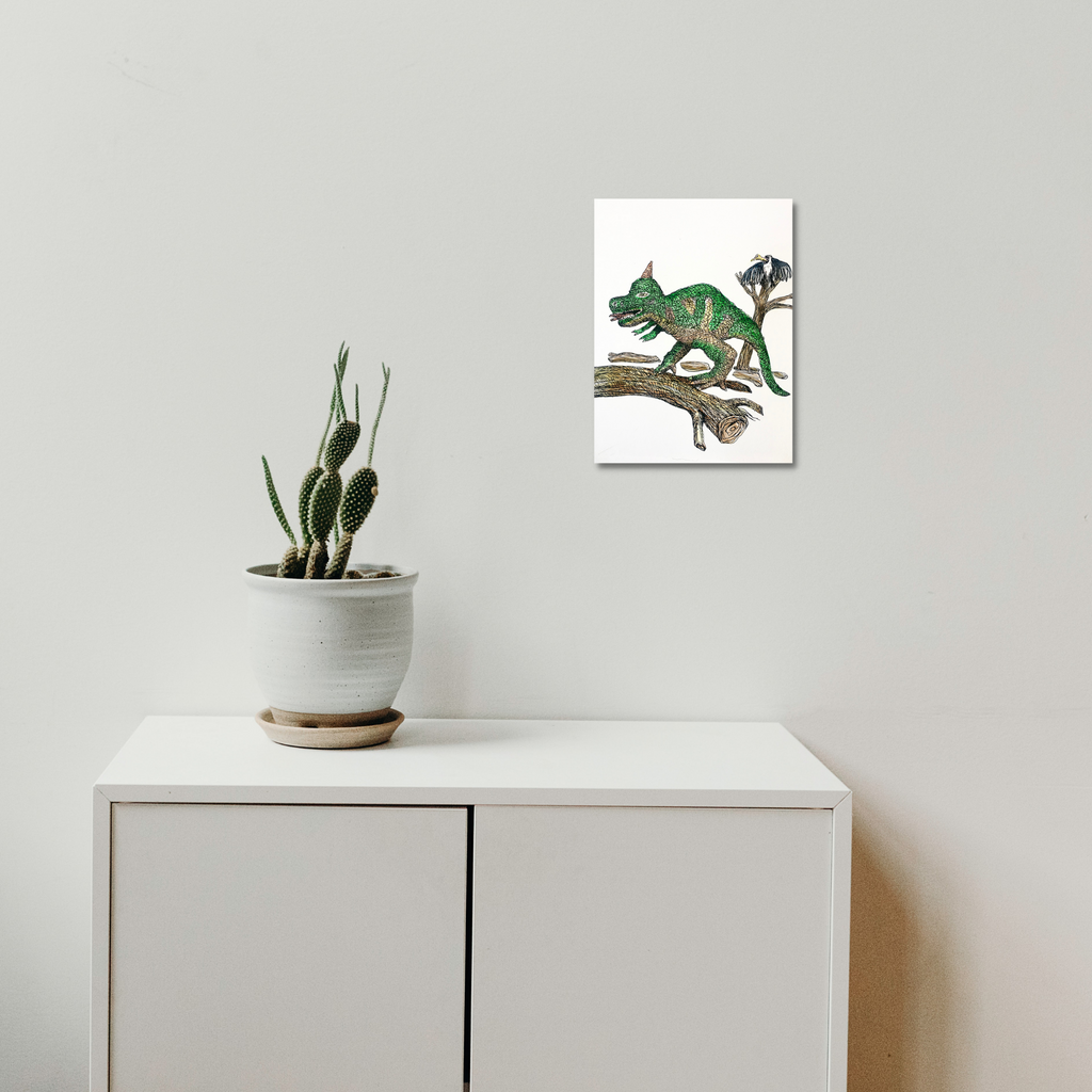 The artwork 'Gorgasaurus' by Andrew Chan features a vibrant green dinosaur perched on a brown tree branch, rendered in ink and watercolor. The illustration showcases detailed scales and textures, bringing the prehistoric creature to life with masterful brush strokes against a clean white background. The piece measures 12 inches high by 9 inches wide.