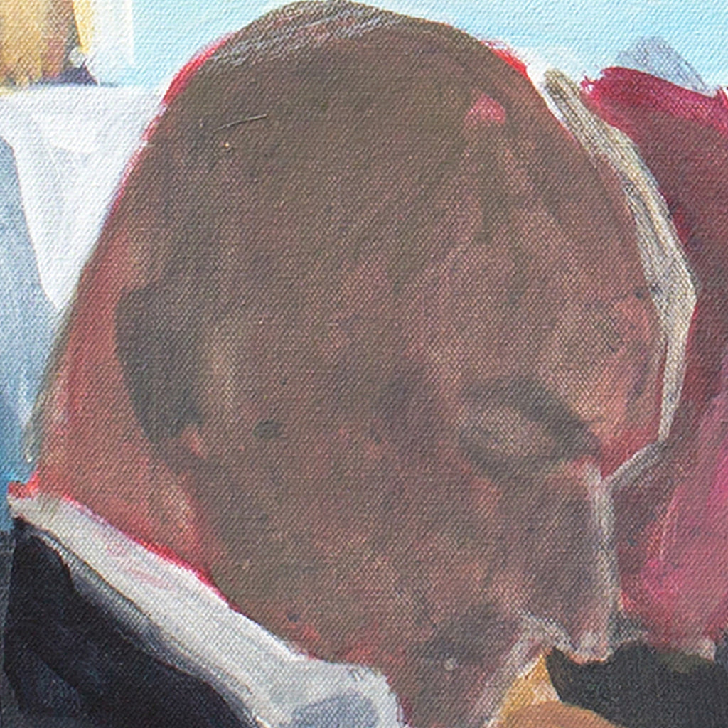 The artwork 'Grand Central Malaise' by Chris Baily features an abstract expressionist composition dominated by deep burgundy and earthy brown tones. A central circular form emerges from textured brushstrokes against a muted blue background, creating a moody atmospheric effect. Mixed media on canvas showcases layered techniques and gestural painting style.