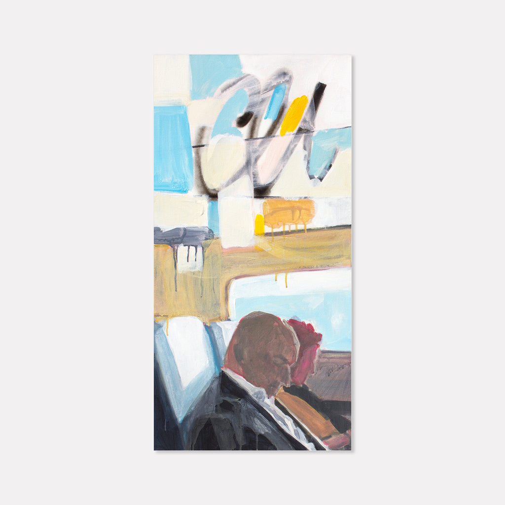 The artwork 'Grand Central Malaise' by Chris Baily captures an abstract urban scene with muted tones of blue, beige, and white. The mixed media composition on canvas depicts geometric shapes and architectural elements, with fluid brushstrokes creating a sense of movement and contemplation. The 36x18 inch piece combines structured forms with loose, expressive marks.