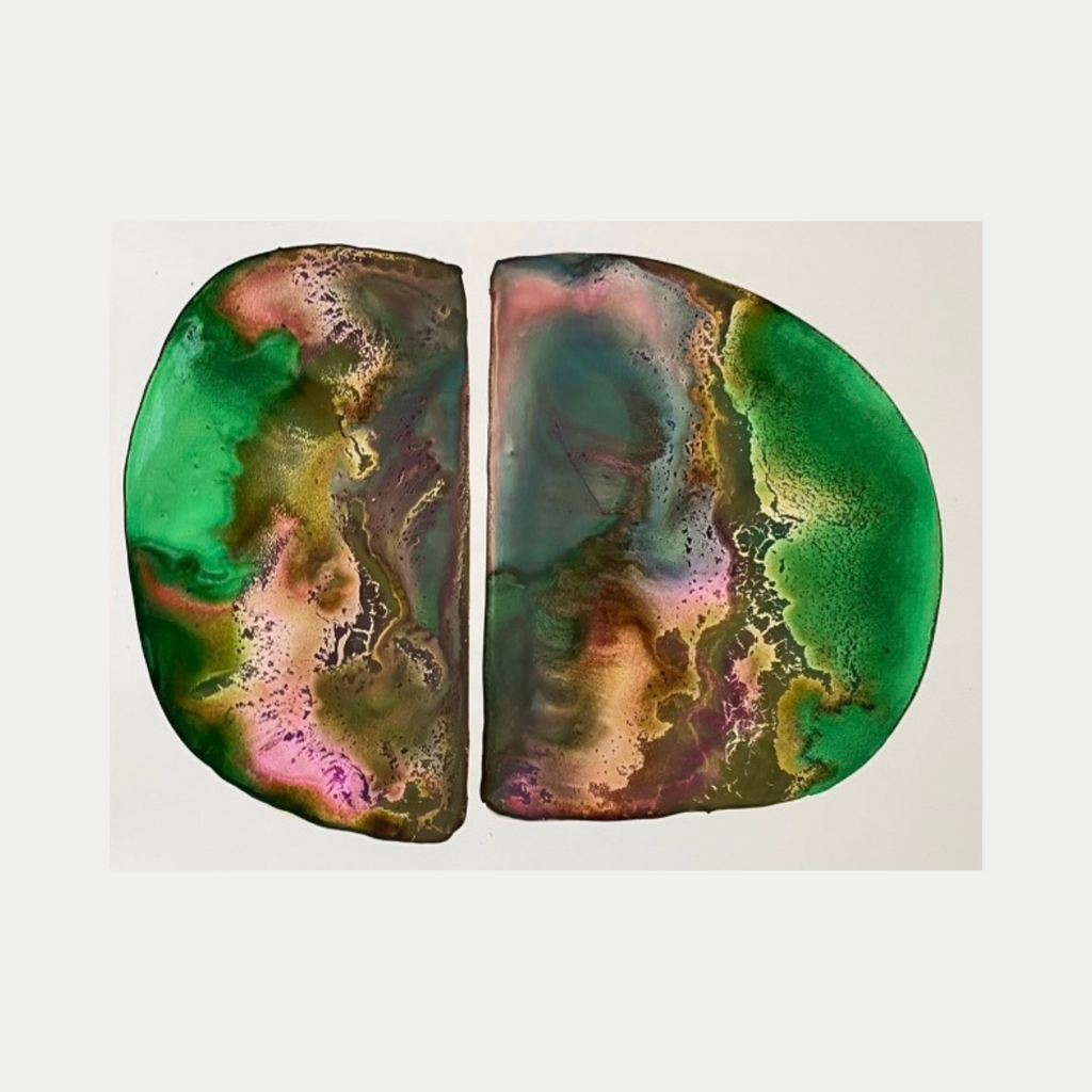 The artwork 'Green Melon' by Arielle Stein features a split abstract composition in ink on paper. Vibrant emerald green edges flow into swirling copper, pink, and golden hues creating a marbled effect. The fluid textures and organic patterns resemble the inside of a precious stone or agate slice, rendered in rich jewel tones. - by Arielle Stein