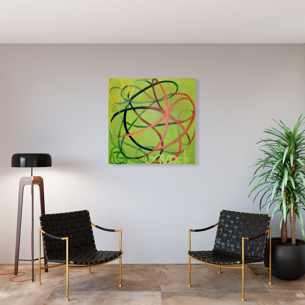 The artwork 'Green Dream' by Fred Bendheim features dynamic intertwining black and coral lines creating abstract swirls against a vibrant lime green background. The oil on canvas piece showcases fluid, gestural brushstrokes that dance across the 42x42 inch square canvas, suggesting movement and organic forms in a contemporary abstract expressionist style by Fred Bendheim.