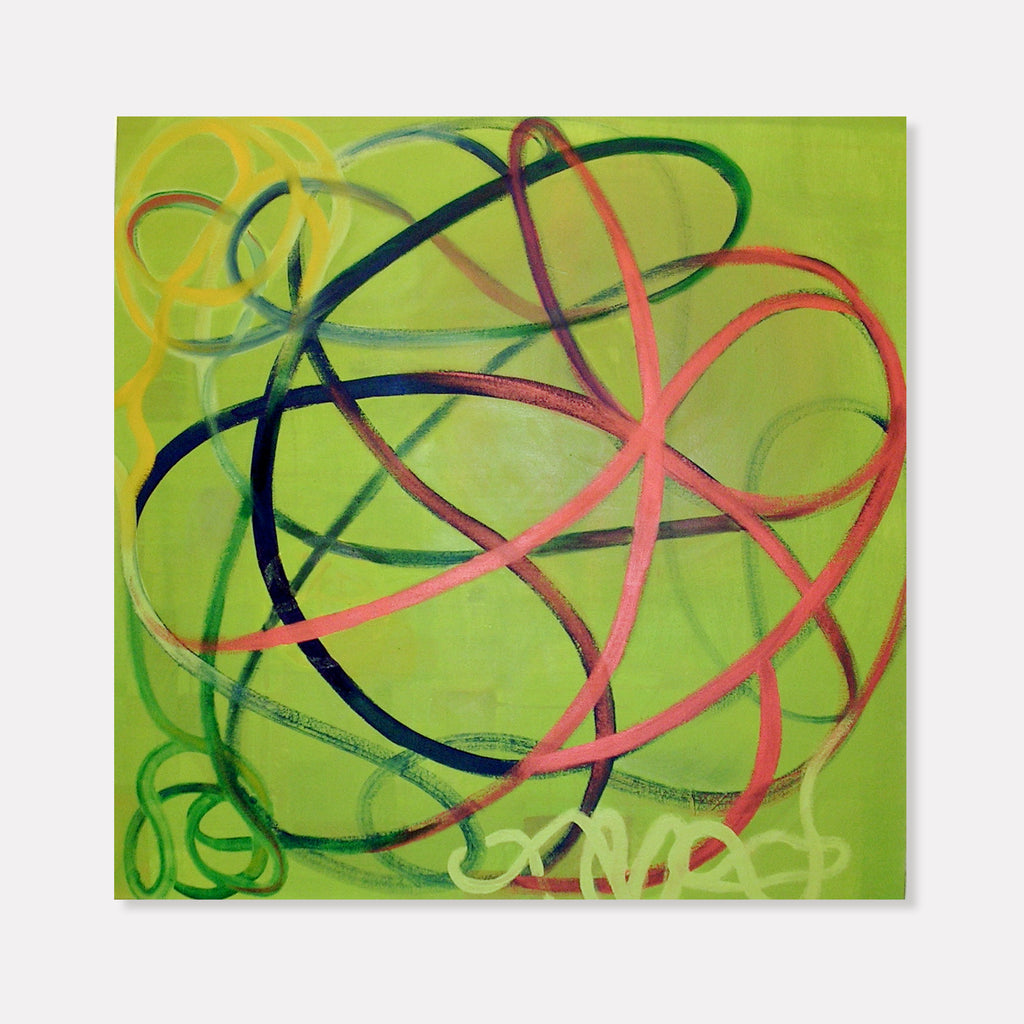 The artwork 'Green Dream' by Fred Bendheim features dynamic interweaving curved lines in coral pink, deep navy, and brown brushstrokes against a vibrant lime green background. The oil painting creates an abstract composition of flowing ribbons and circular movements, presenting a harmonious dance of colors on canvas.