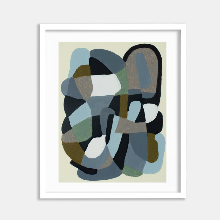 The artwork 'Grey Blue' by Alicia Little features an abstract composition of overlapping organic shapes in muted tones of blue, grey, olive green, and black. The oil and oil pastel piece creates a harmonious interplay of curved forms and geometric segments, with textural elements visible throughout the 11x8.5 inch paper surface, creating a modern, contemplative aesthetic.
