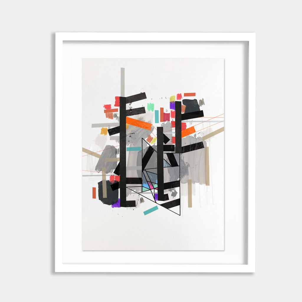 The artwork 'Griiddiro Mirror 1' by Philippe Halaburda features an abstract geometric composition with bold black angular forms intersected by vibrant coral, mint, and purple rectangular shapes. The mixed media piece on canvas combines precise lines with spontaneous brushstrokes, creating a dynamic interplay of structured and fluid elements against a crisp white background.